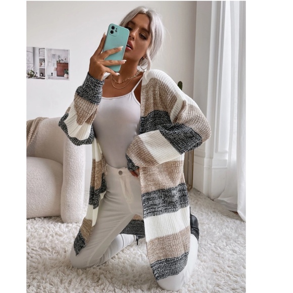 Colorblock Stripes Open Knit Cardigan Knee Length - Picture 7 of 9